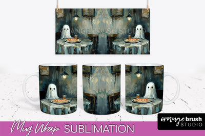 Ghost Mug Wrap - Vintage Halloween Mug Sublimation Design Sublimation OrangeBrushStudio 