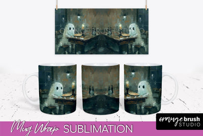 Ghost Mug Wrap - Vintage Halloween Mug Sublimation Design Sublimation OrangeBrushStudio 