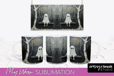 Ghost Mug Wrap - Vintage Halloween Mug Sublimation Design Sublimation OrangeBrushStudio 