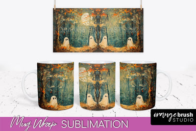 Ghost Mug Wrap - Vintage Halloween Mug Sublimation Design Sublimation OrangeBrushStudio 