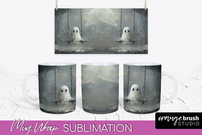 Ghost Mug Wrap - Vintage Halloween Mug Sublimation Design Sublimation OrangeBrushStudio 