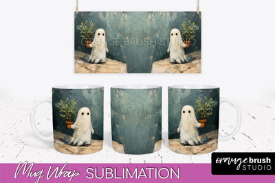 Ghost Mug Wrap - Vintage Halloween Mug Sublimation Design Sublimation OrangeBrushStudio 