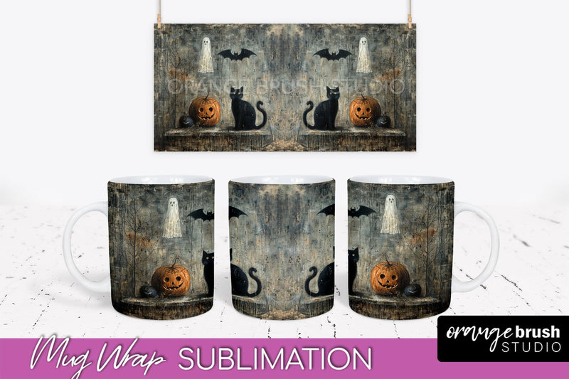Ghost Mug Wrap - Vintage Halloween Mug Sublimation Design Sublimation OrangeBrushStudio 