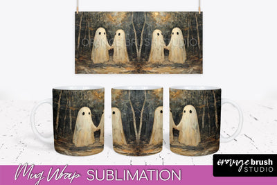Ghost Mug Wrap - Vintage Halloween Mug Sublimation Design Sublimation OrangeBrushStudio 
