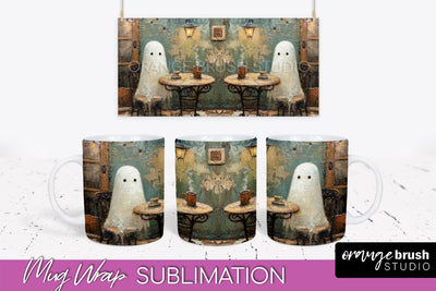 Ghost Mug Wrap - Vintage Halloween Mug Sublimation Design Sublimation OrangeBrushStudio 