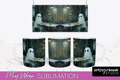 Ghost Mug Wrap - Vintage Halloween Mug Sublimation Design Sublimation OrangeBrushStudio 