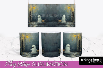 Ghost Mug Wrap - Vintage Halloween Mug Sublimation Design Sublimation OrangeBrushStudio 