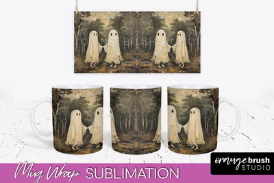 Ghost Mug Wrap - Vintage Halloween Mug Sublimation Design Sublimation OrangeBrushStudio 