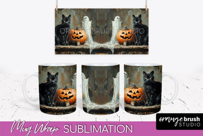 Ghost Mug Wrap - Vintage Halloween Mug Sublimation Design Sublimation OrangeBrushStudio 