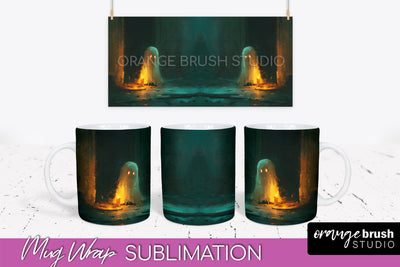 Ghost Mug Wrap - Vintage Halloween Mug Sublimation Design Sublimation OrangeBrushStudio 