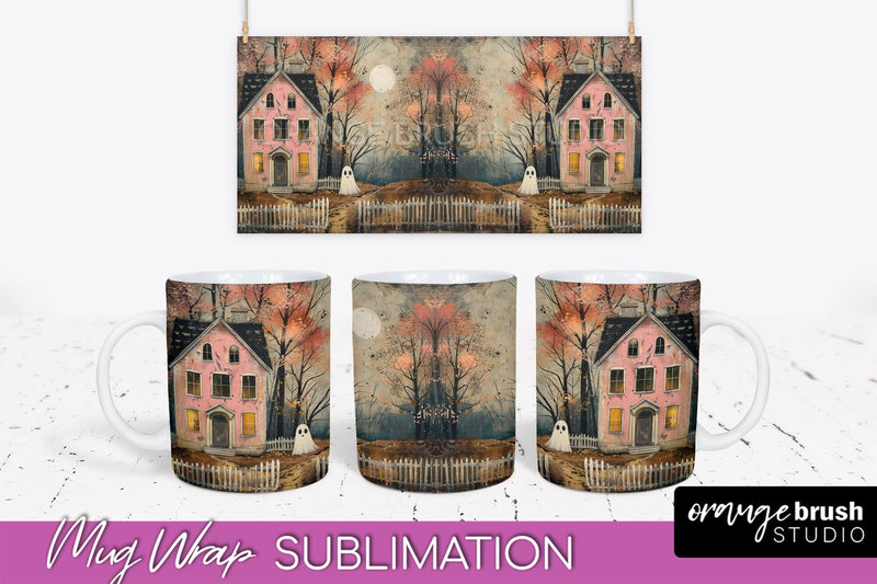 Ghost Mug Wrap - Vintage Halloween Mug Sublimation Design Sublimation OrangeBrushStudio 