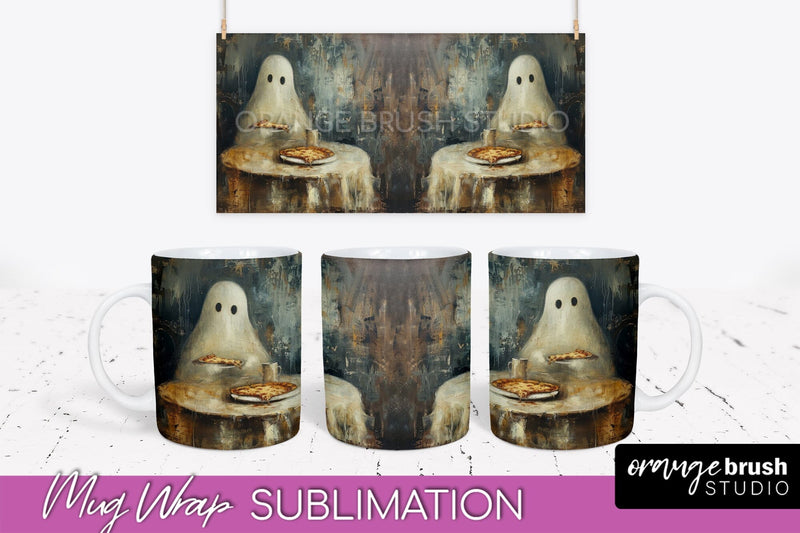 Ghost Mug Wrap - Vintage Halloween Mug Sublimation Design Sublimation OrangeBrushStudio 