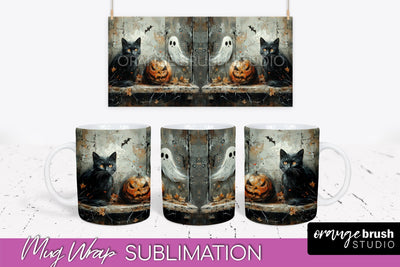 Ghost Mug Wrap - Vintage Halloween Mug Sublimation Design Sublimation OrangeBrushStudio 