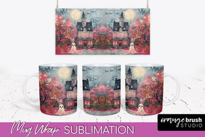 Ghost Mug Wrap - Vintage Halloween Mug Sublimation Design Sublimation OrangeBrushStudio 