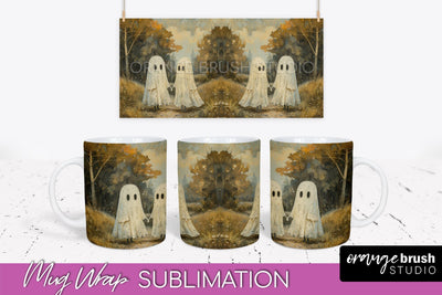 Ghost Mug Wrap - Vintage Halloween Mug Sublimation Design Sublimation OrangeBrushStudio 