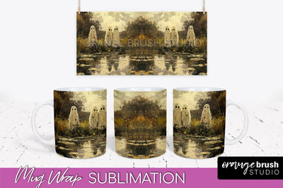Ghost Mug Wrap - Vintage Halloween Mug Sublimation Design Sublimation OrangeBrushStudio 