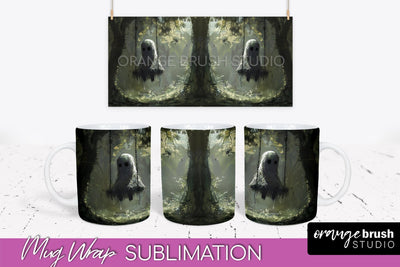 Ghost Mug Wrap - Vintage Halloween Mug Sublimation Design Sublimation OrangeBrushStudio 
