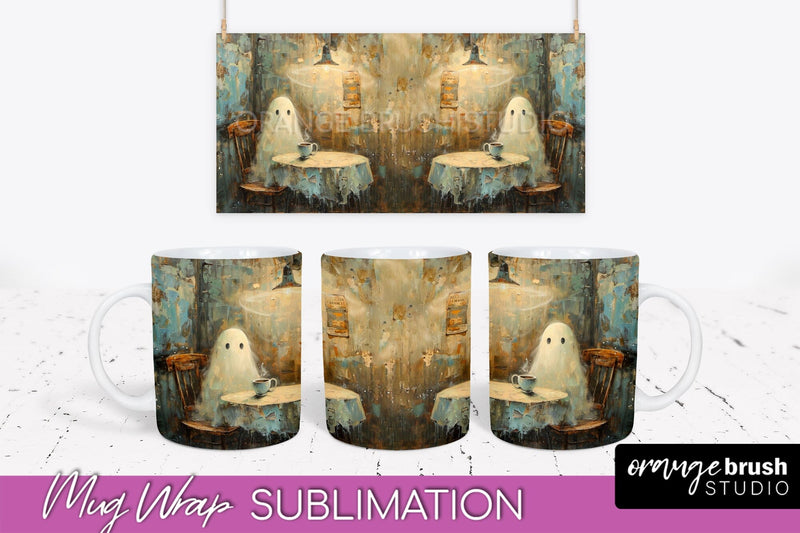Ghost Mug Wrap - Vintage Halloween Mug Sublimation Design Sublimation OrangeBrushStudio 