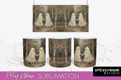 Ghost Mug Wrap - Vintage Halloween Mug Sublimation Design Sublimation OrangeBrushStudio 