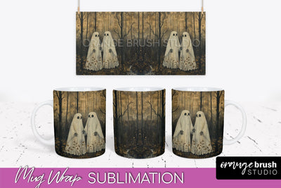 Ghost Mug Wrap - Vintage Halloween Mug Sublimation Design Sublimation OrangeBrushStudio 