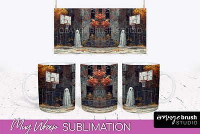 Ghost Mug Wrap - Vintage Halloween Mug Sublimation Design Sublimation OrangeBrushStudio 