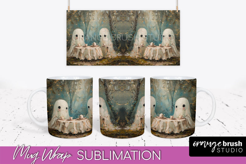 Ghost Mug Wrap - Vintage Halloween Mug Sublimation Design Sublimation OrangeBrushStudio 