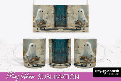 Ghost Mug Wrap - Vintage Halloween Mug Sublimation Design Sublimation OrangeBrushStudio 