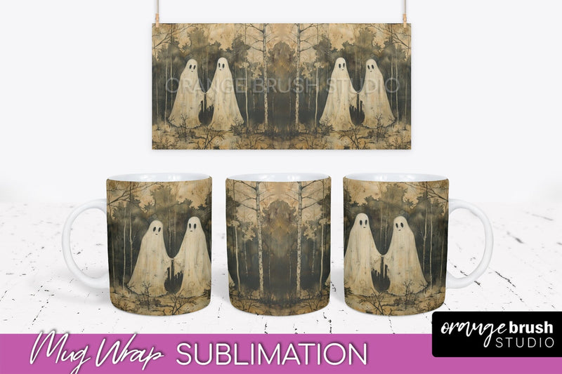 Ghost Mug Wrap - Vintage Halloween Mug Sublimation Design Sublimation OrangeBrushStudio 