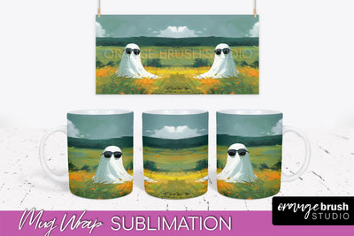 Ghost Mug Wrap - Vintage Halloween Mug Sublimation Design Sublimation OrangeBrushStudio 