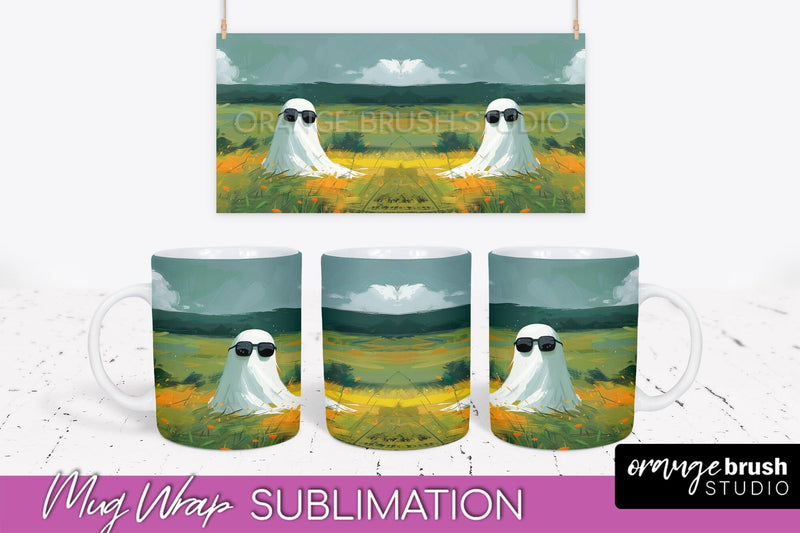 Ghost Mug Wrap - Vintage Halloween Mug Sublimation Design Sublimation OrangeBrushStudio 