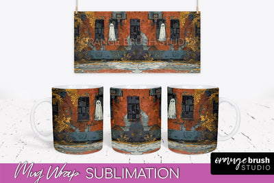 Ghost Mug Wrap - Vintage Halloween Mug Sublimation Design Sublimation OrangeBrushStudio 