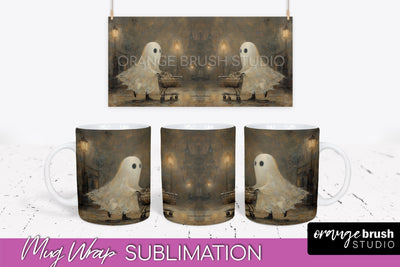 Ghost Mug Wrap - Vintage Halloween Mug Sublimation Design Sublimation OrangeBrushStudio 