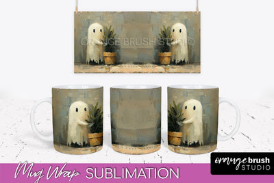 Ghost Mug Wrap - Vintage Halloween Mug Sublimation Design Sublimation OrangeBrushStudio 