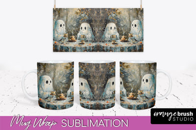 Ghost Mug Wrap - Vintage Halloween Mug Sublimation Design Sublimation OrangeBrushStudio 