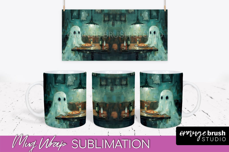 Ghost Mug Wrap - Vintage Halloween Mug Sublimation Design Sublimation OrangeBrushStudio 