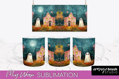 Ghost Mug Wrap - Vintage Halloween Mug Sublimation Design Sublimation OrangeBrushStudio 