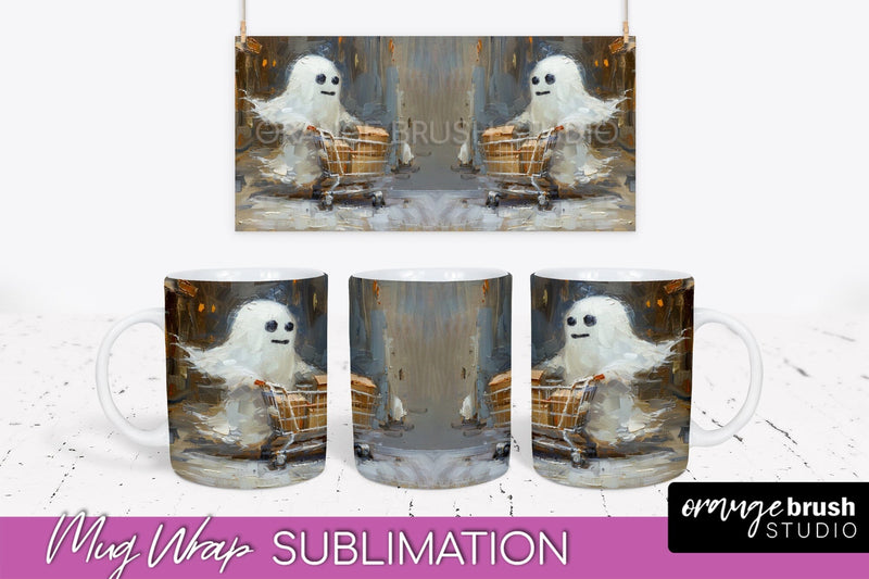 Ghost Mug Wrap - Vintage Halloween Mug Sublimation Design Sublimation OrangeBrushStudio 