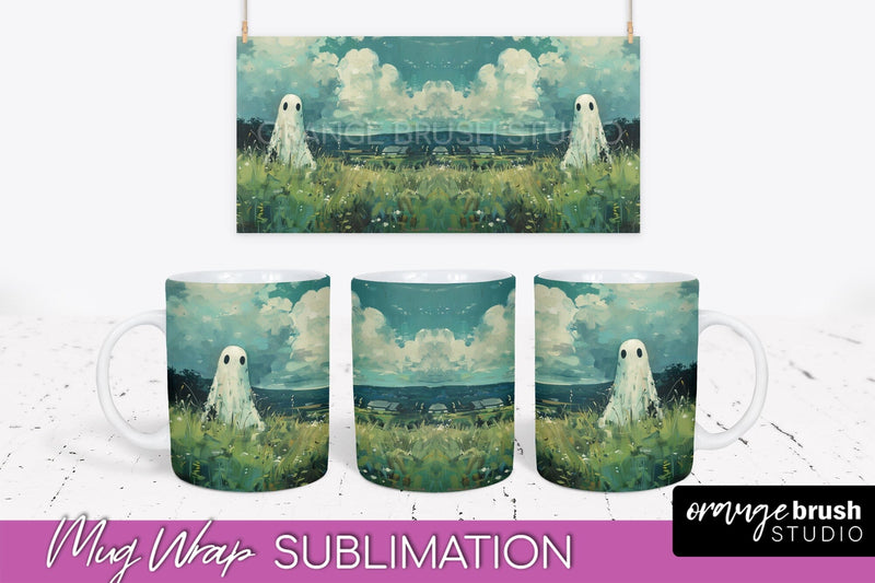 Ghost Mug Wrap - Vintage Halloween Mug Sublimation Design Sublimation OrangeBrushStudio 