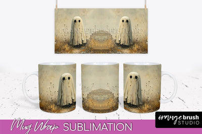 Ghost Mug Wrap - Vintage Halloween Mug Sublimation Design Sublimation OrangeBrushStudio 