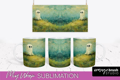 Ghost Mug Wrap - Vintage Halloween Mug Sublimation Design Sublimation OrangeBrushStudio 