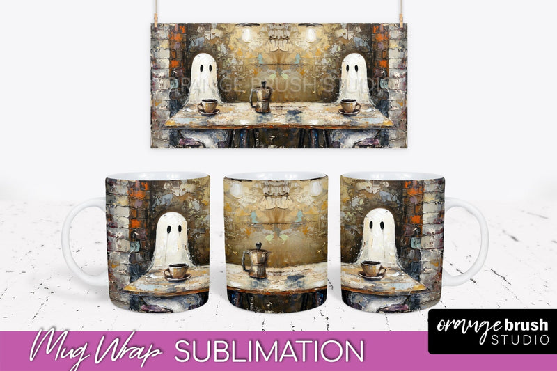 Ghost Mug Wrap - Vintage Halloween Mug Sublimation Design Sublimation OrangeBrushStudio 