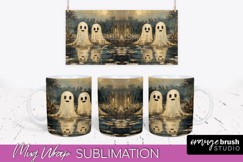 Ghost Mug Wrap - Vintage Halloween Mug Sublimation Design Sublimation OrangeBrushStudio 