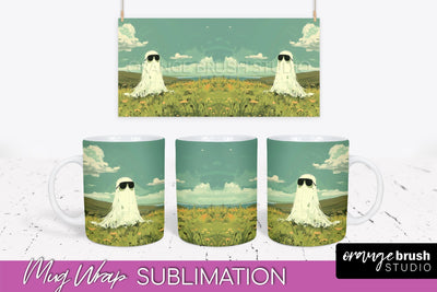 Ghost Mug Wrap - Vintage Halloween Mug Sublimation Design Sublimation OrangeBrushStudio 