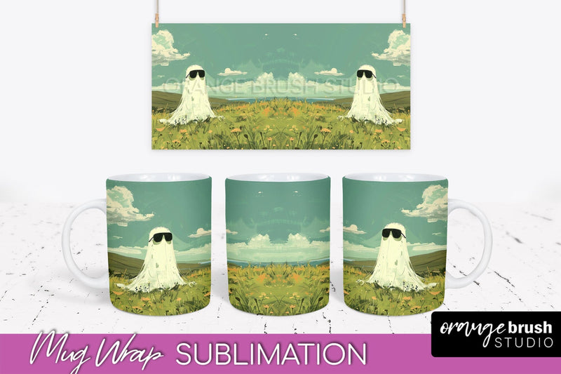 Ghost Mug Wrap - Vintage Halloween Mug Sublimation Design Sublimation OrangeBrushStudio 