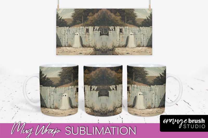 Ghost Mug Wrap - Vintage Halloween Mug Sublimation Design Sublimation OrangeBrushStudio 