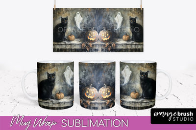Ghost Mug Wrap - Vintage Halloween Mug Sublimation Design Sublimation OrangeBrushStudio 