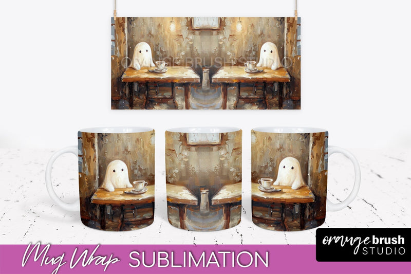 Ghost Mug Wrap - Vintage Halloween Mug Sublimation Design Sublimation OrangeBrushStudio 