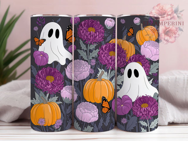 Ghost Pumpkin Floral Cute Halloween Tumbler, Floral Halloween Cup Wrap, 20Oz Sublimation Design, Butterfly Witch Hat Drinkware, Spooky Floral Coffee Cup, Autumn Ghost Tumbler, Cute Halloween Mug Sublimation Li Zamperini 