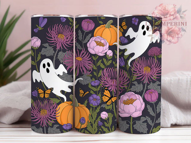 Ghost Pumpkin Floral Cute Halloween Tumbler, Floral Halloween Cup Wrap, 20Oz Sublimation Design, Butterfly Witch Hat Drinkware, Spooky Floral Coffee Cup, Autumn Ghost Tumbler, Cute Halloween Mug Sublimation Li Zamperini 