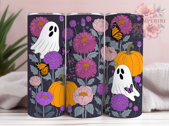 Ghost Pumpkin Floral Cute Halloween Tumbler, Floral Halloween Cup Wrap, 20Oz Sublimation Design, Butterfly Witch Hat Drinkware, Spooky Floral Coffee Cup, Autumn Ghost Tumbler, Cute Halloween Mug Sublimation Li Zamperini 